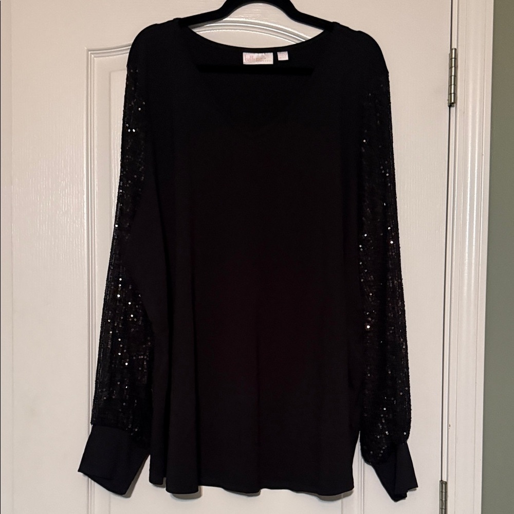 Black Sequin Sleeve Women's Top